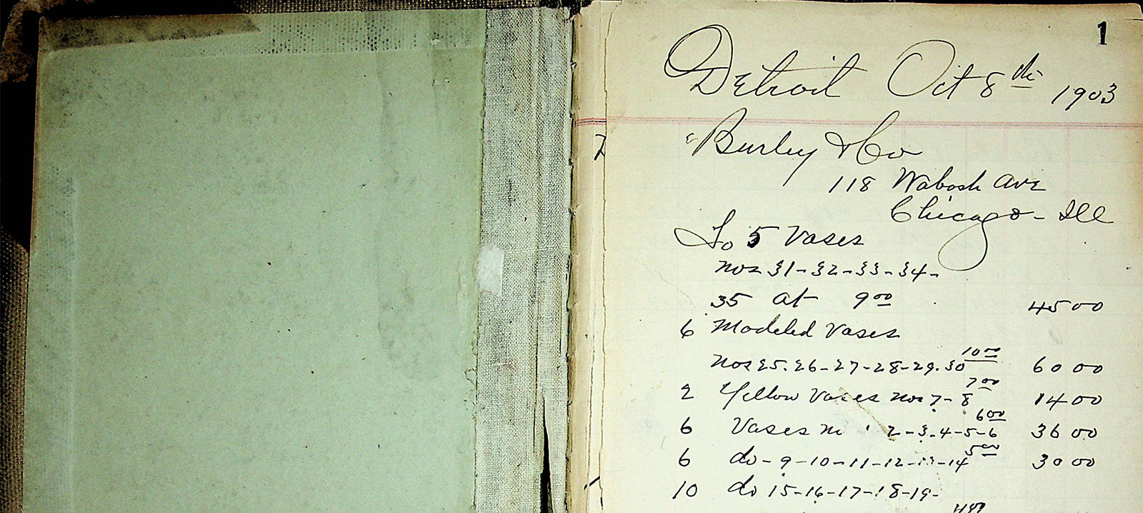 A scan of the Burley & Co. order from Mary Chase’s daybook that named the pottery in 1903 from Pewabic’s Archives. 