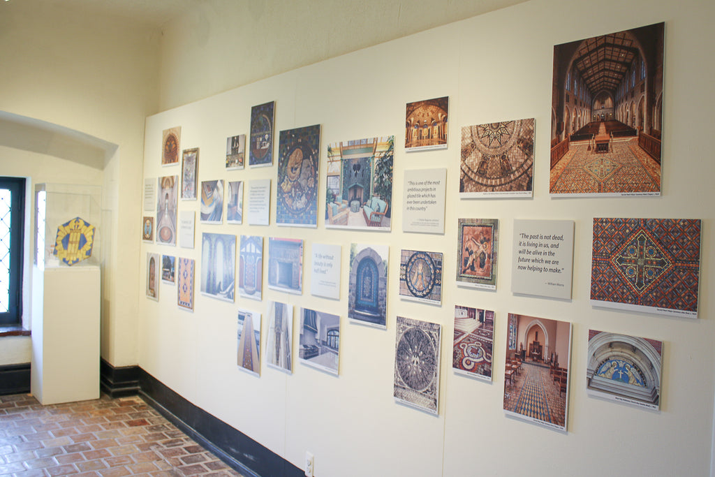 Photo of Pewabic Tile installations throughout time in our upstairs gallery space. Featured projects include Detroit's People Mover Stations.