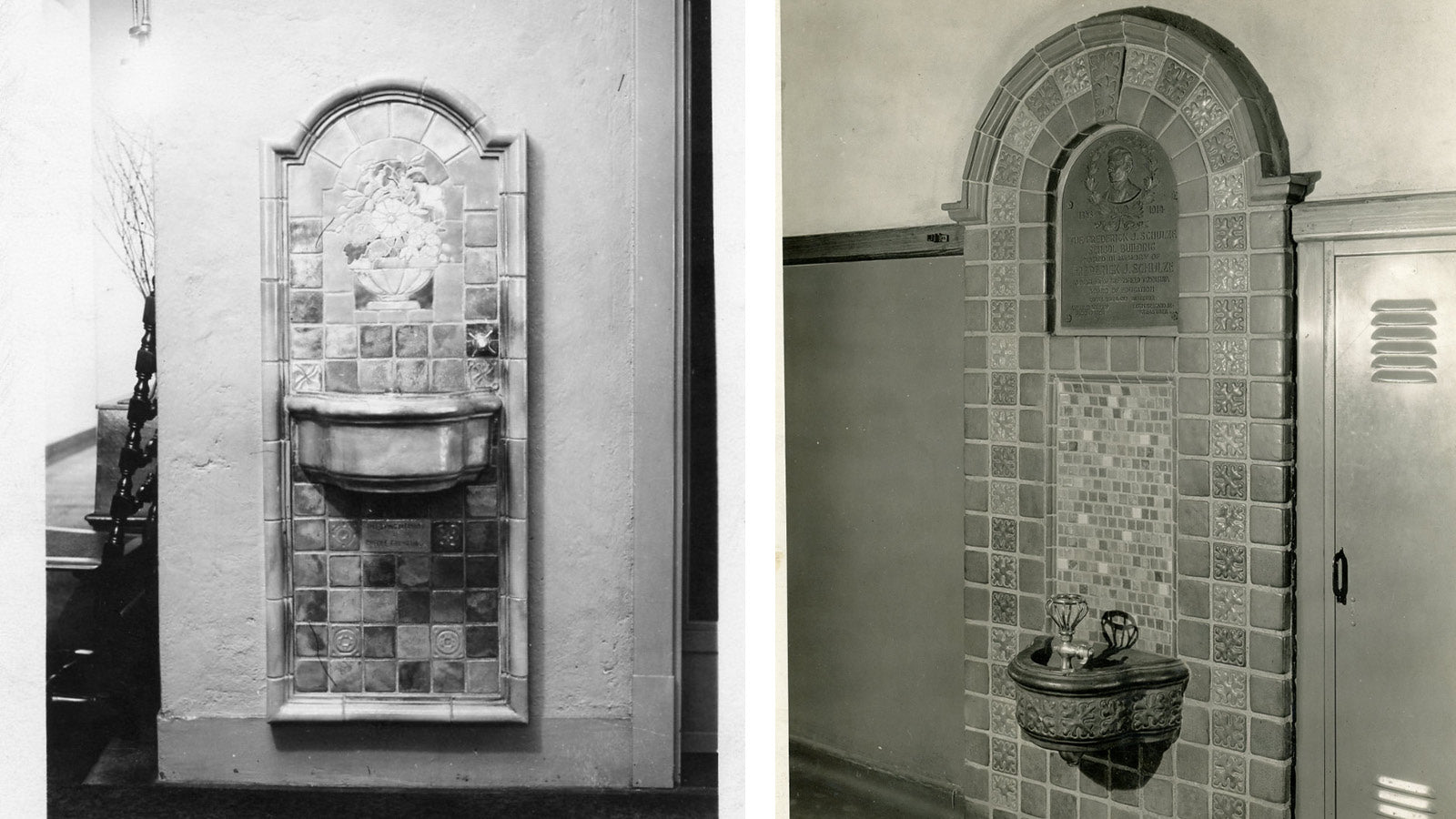 Black and white photo of Pewabic fountain installation at Women's City Club (right) and sepia-toned photo of a custom fountain at Schulze School