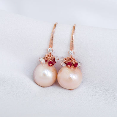 Golden Baroque Pearls with Dapped CZ Ear Hooks and Ruby Cluster - BPE48