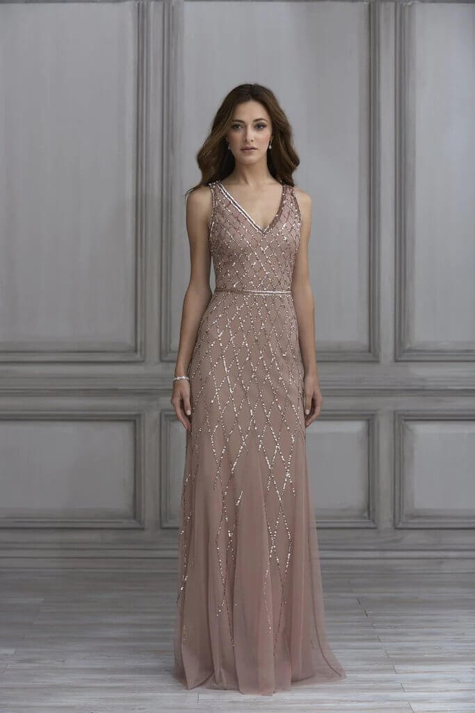 Model wearing Adrianna Papell 40135, a beaded bridesmaid dress