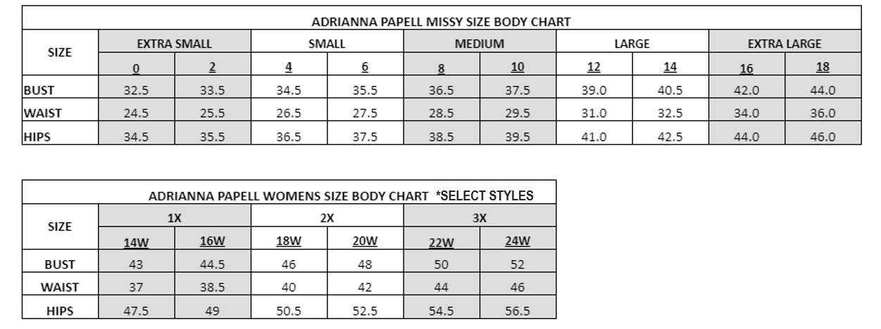 Papell Size Chart