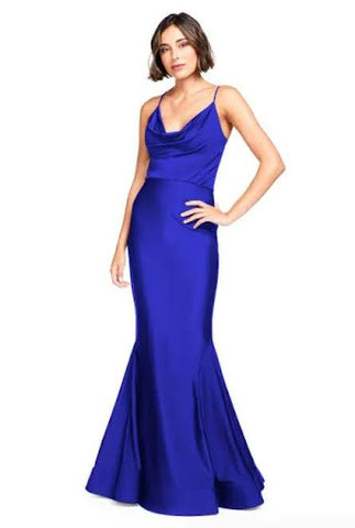 This royal blue dress boasts a spaghetti strap cowl neck bodice with a mermaid skirt and a horsehair hem. 4-way stretch for an effortless fit.