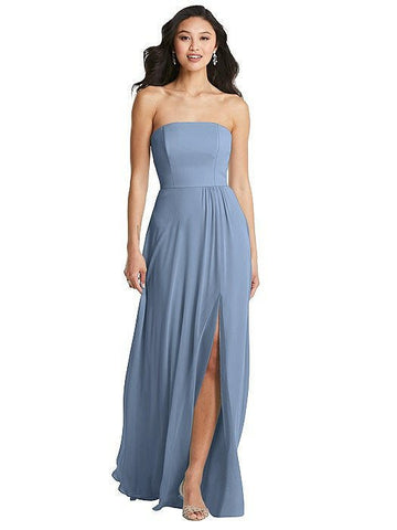 Model wearing Bella Bridesmaids and Dessy's BB131 dress in dusty blue