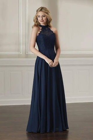 This gown has halter lace bodice with a back keyhole detail. The skirt is semi circle cut and made of chiffon.