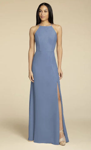 Model wearing Hayley Paige's Occasions 5918 dress in dusty blue