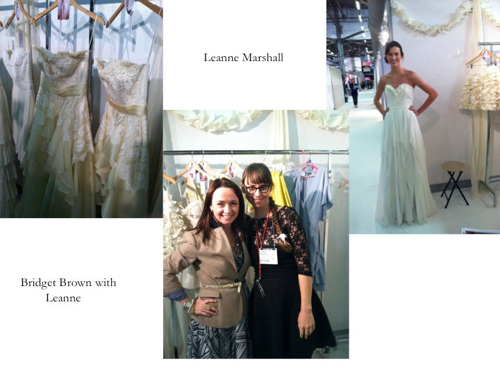 Multiple images, one shows two smiling woman side by side, one shows sample wedding dresses, last image on right shows woman trying on a wedding gown