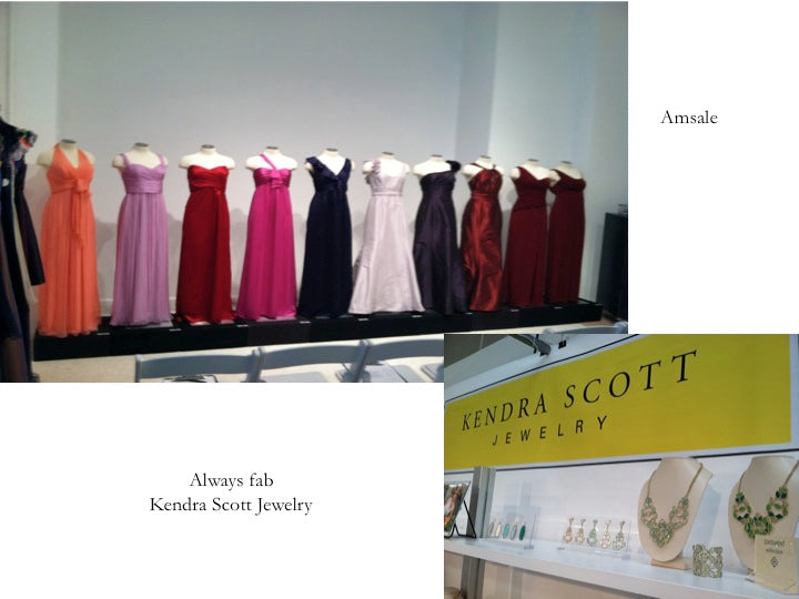 A lineup of colorful bridesmaids dresses from Amsale (top), jewelry from Kendra Scott (bottom)