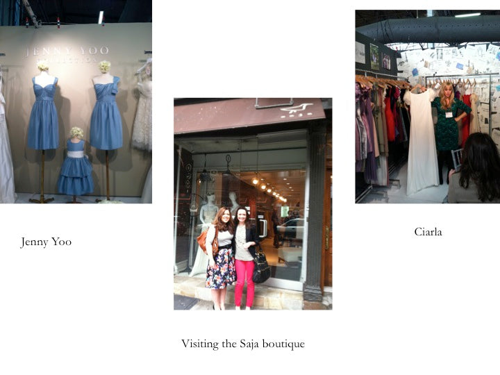 Jenny Yoo blue dresses (left), two women smiling in front of the Saja boutique (middle), Ciarla dresses (right)