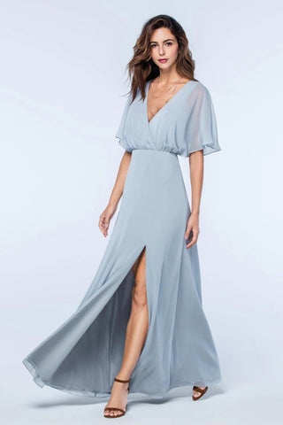 Model wearing Watters' Lottie dress in dusty blue