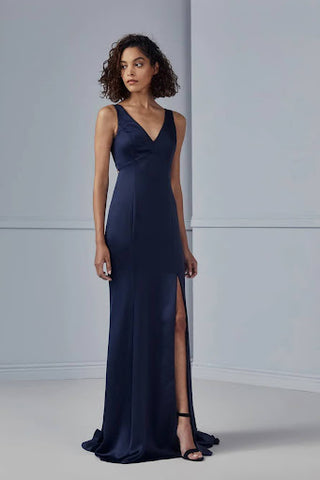 V-neck dress with keyhole back detail and side slit skirt in Fluid Satin (shown in navy).