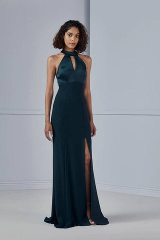 Model wearing Amsale Bridesmaid Dress Yara in dark blue