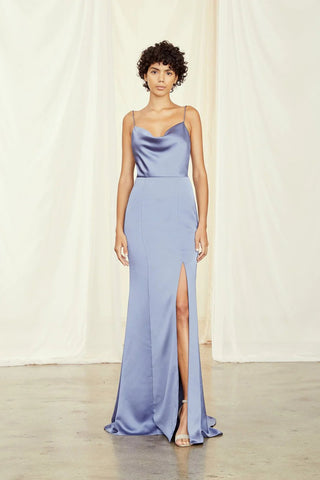 Model wearing Amsale's Chloe dress in dusty blue