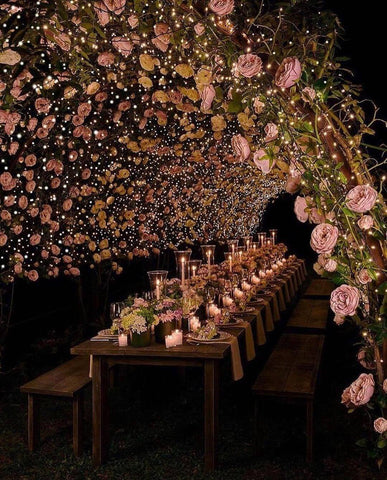 Wedding table under string lights