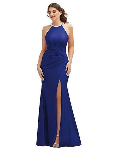 Halter Luxe Stretch Satin maxi gown with asymetrical draped body and rhinestone trim at neckine/straps. Horsehair trim in hem. Shown in cobalt blue.