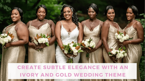 Bride wearing white standing with five bridesmaids wearing gold dresses