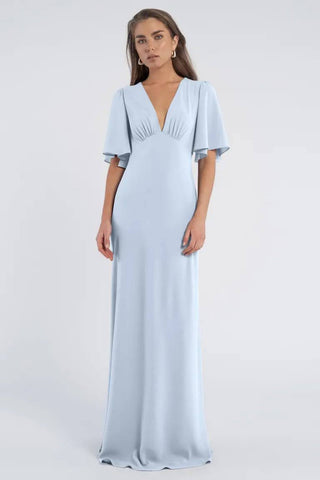 Model wearing Jenny Yoo Alexia dress in light blue
