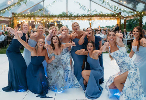 young women in blue dresses