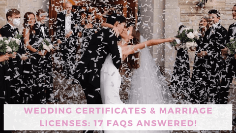 Bride and groom kissing with confetti raining around them