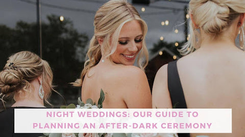 Image shows a blonde bride at her night wedding looking over her shoulder and smiling.