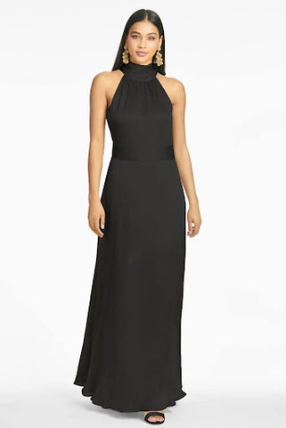Sleeveless A-line gown, perfect for a Black Tie event! High mock neck, sash ties into a bow at the back.