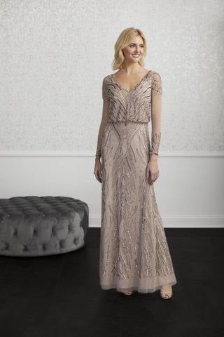 Model wearing Adrianna Papell 40218 bridesmaid dress