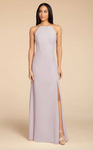 Model wearing Hayley Paige Occasions 5918 bridesmaid dress in taupe