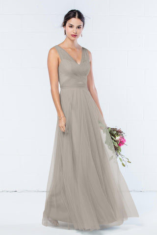 Model wearing Wtoo by Watters 343 bridesmaid dress in taupe