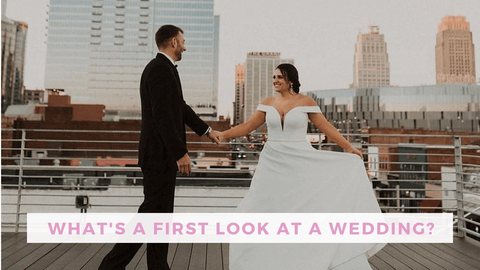 Bride and groom having wedding first look on pier in city