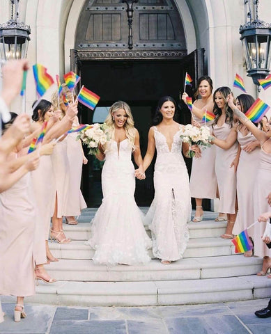 Two brides walking down stairs surrounded by bridal party