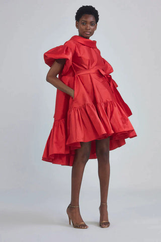 Model wearing Amsale P388T Dress in red