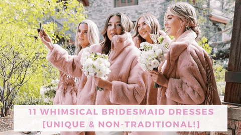 Four bridesmaids wearing pink fur coats and bridesmaid dresses, taking a group selfie with a phone