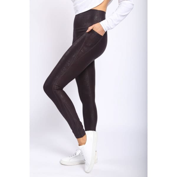 Chocolate Highwaisted Foil Leggings With Side Pockets by Mono B