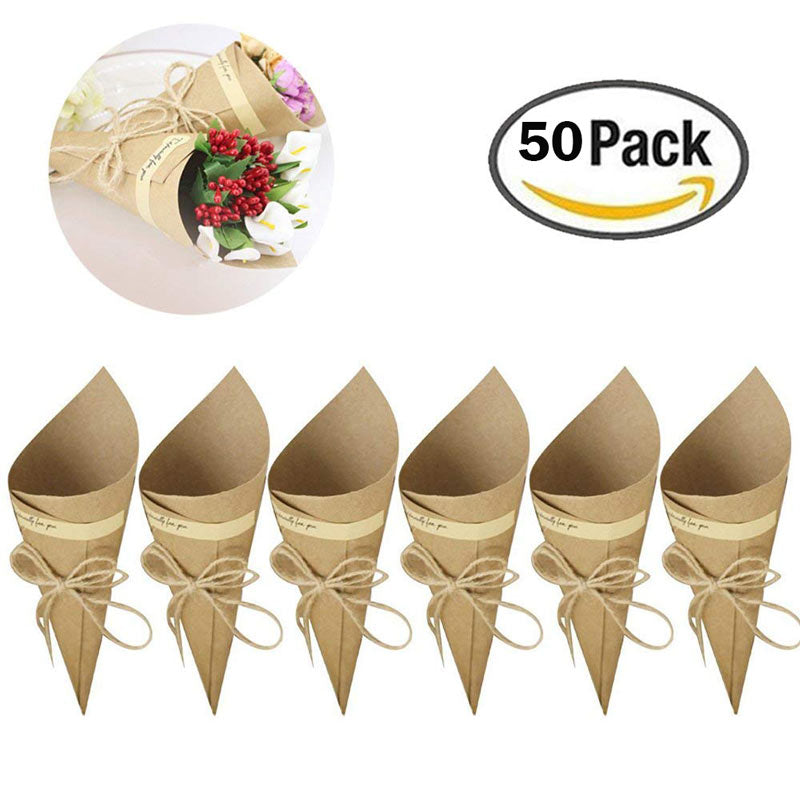 50pcs Set Retro Folding Kraft Paper Confetti Cone Bouquet With