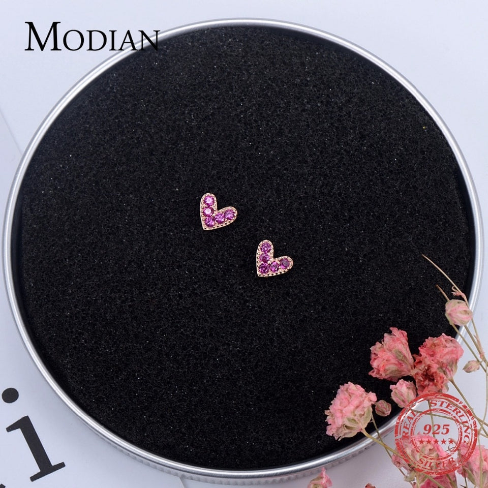925 Sterling Silver Hearts Fashion Rose Gold Color Pink CZ Simple Stud Earrings For Women Sterling Silver Jewelry