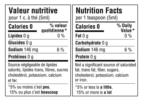 Tableau de valeur nutritive pour 1 cuillère à thé ou 5ml du mélange: 0 calories, 0g de lipides, 0g de glucides, 146mg de sodium (6% de la valeur quotidienne) et 0g de protéines. Source négligeable de lipides saturés, lipides trans, sucres, cholestérol, potassium, calcium et fer. Nutritional fact table for 1 teaspoon or 5ml of the blend: 0 calories, 0g of fat, 0g of carbohydrate, 146mg of sodium (6% daily value) and 0g of protein. Not a significant source of saturated fat, trans fats, sugars, cholesterol, potassium, calcium or iron.