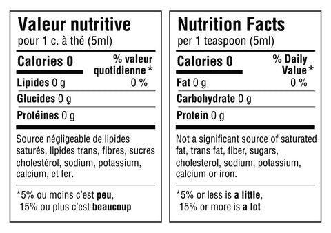 Tableau de valeur nutritive pour 1 cuillère à thé ou 5ml du mélange: 0g de lipides, 0g de glucides, 0g de protéines. Source négligeable de lipides saturés, lipides trans, sucres, cholestérol, sodium, potassium, calcium et fer. Nutritional fact table for 1 teaspoon or 5ml of the blend: 0g of fat, 0g of carbohydrate, 0g of protein. Not a significant source of saturated fat, trans fats, sugars, cholesterol, sodium, potassium, calcium or iron.