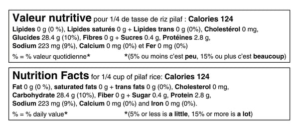 Tableau de valeur nutritive pour 1/4 de tasse de riz: 124 calories, 0g de lipides, 28.4g de glucides (10% de la valeur quotidienne) dont 0.4g de sucre, 223mg de sodium (9%) et 2.8g de protéines. Nutritional fact table for 1/4 cup of rice: 124 calories, 0g of fat, 28.4g of carbohydrates (10% daily value) including 0.4g of sugar, 223mg of sodium (9%) and 2.8g of protein.