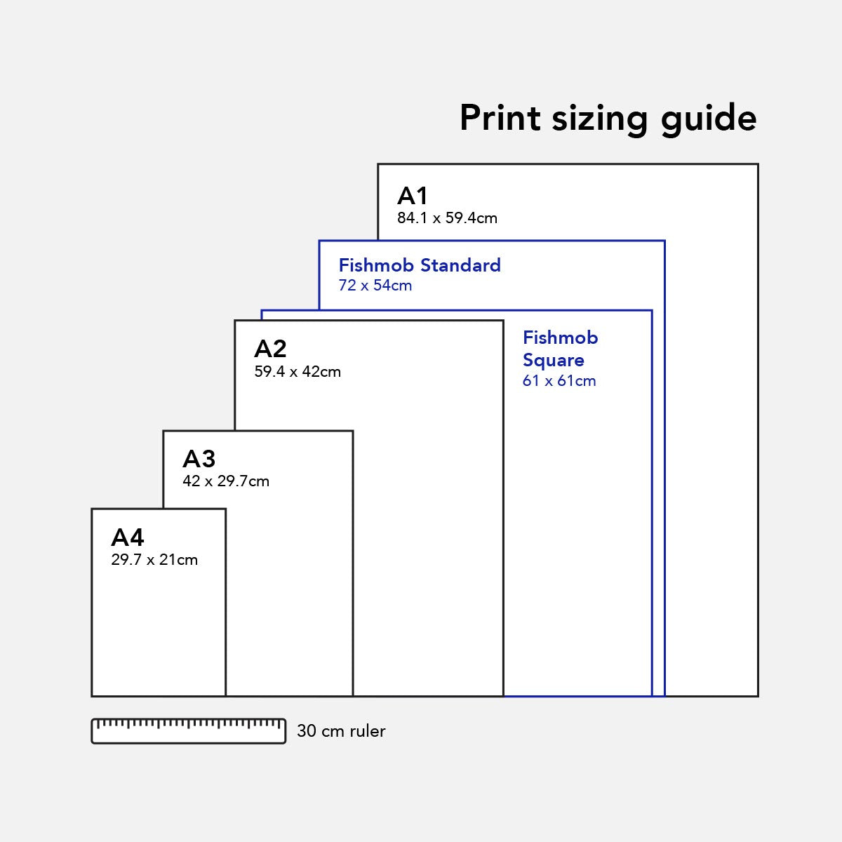 Fishmob art print sizing guide