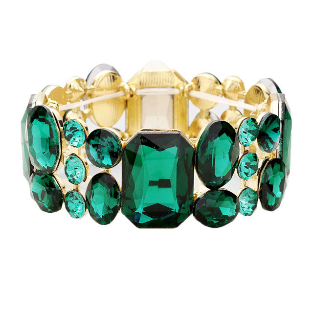Gold Green Emerald Cut Crystal Accented Stretch Evening Bracelet, Get ready with these Stretch Bracelet, put on a pop of color to complete your ensemble. Perfect for adding just the right amount of shimmer & shine and a touch of class to special events. Perfect Birthday Gift, Anniversary Gift, Mother's Day Gift, Graduation Gift.