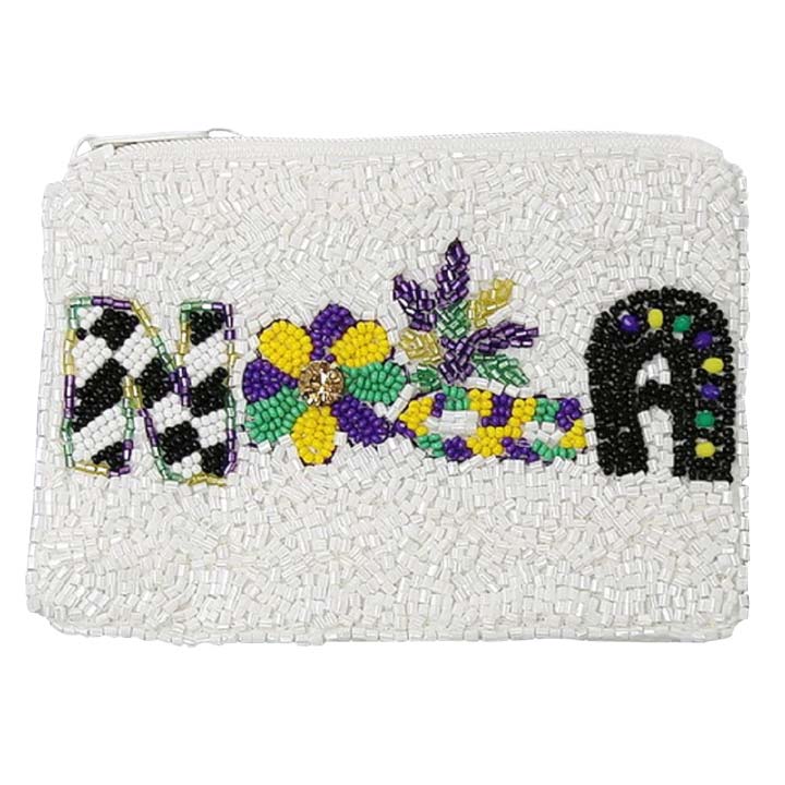 Fleur de Lis Mardi Gras Beaded Large Coin Purse