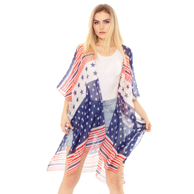 Red White Blue Striped American Flag Kimono USA Flag Cover up Beachwear is made easy, relaxed silhouette, perfectly breezy & laid-back, an accessory easy to pair with many tops, elevating any casual outfit! Perfect Gift! Independence Day, 4th of July, Memorial Day, Flag Day, Labor Day, Election Day, Veterans Day, President Day