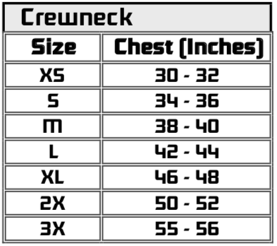 Saucer Crewneck Sweatshirt Size Chart
