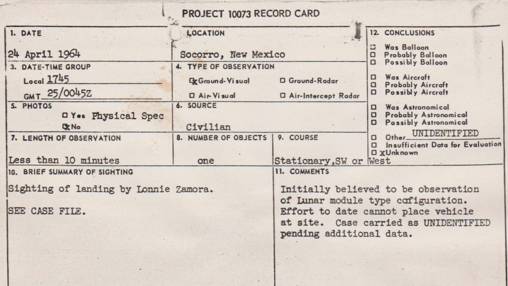 Project Blue Book Report Card - Lonnie Zamora Incident