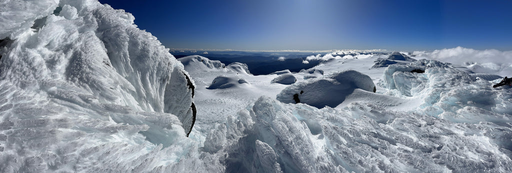 A winter wonderland of ice along Alice Rawsons peak, with a view over Victoria.