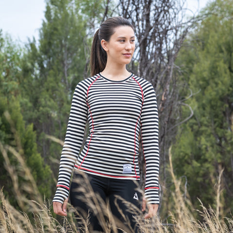 Woman wearing a striped long sleeve top
