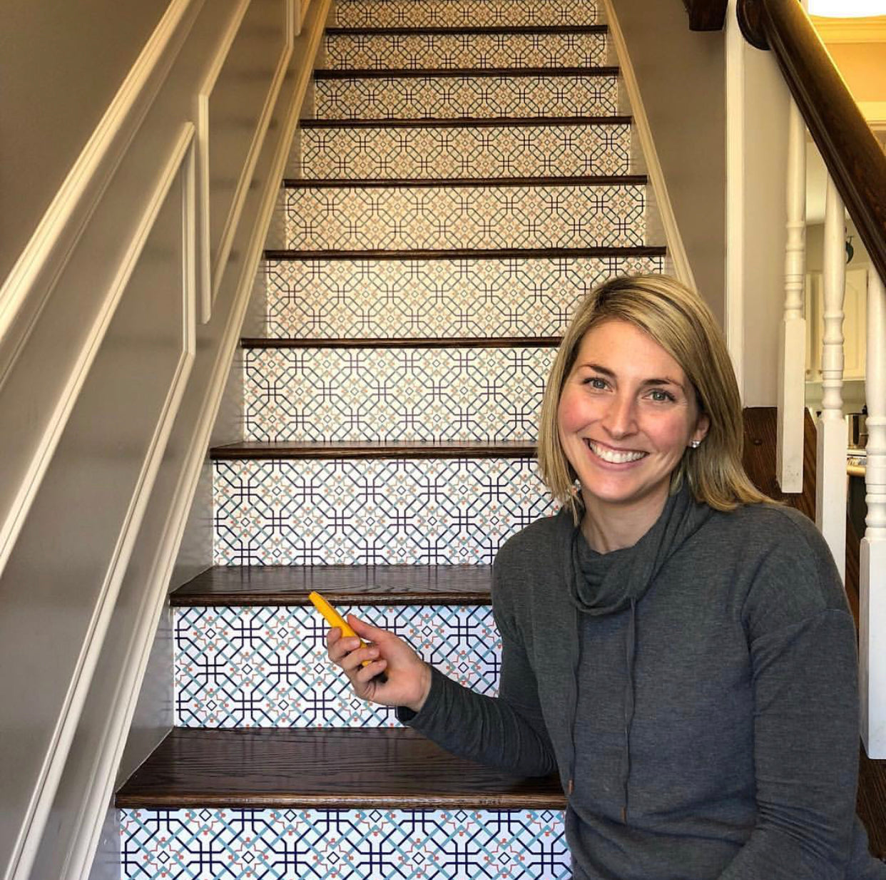 Colorful DIY Stair Risers with Peel and Stick Wallpaper  Sprucing Up  Mamahood