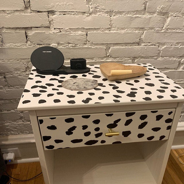 Dalmatian Dot peel and stick wallpaper on nightstand