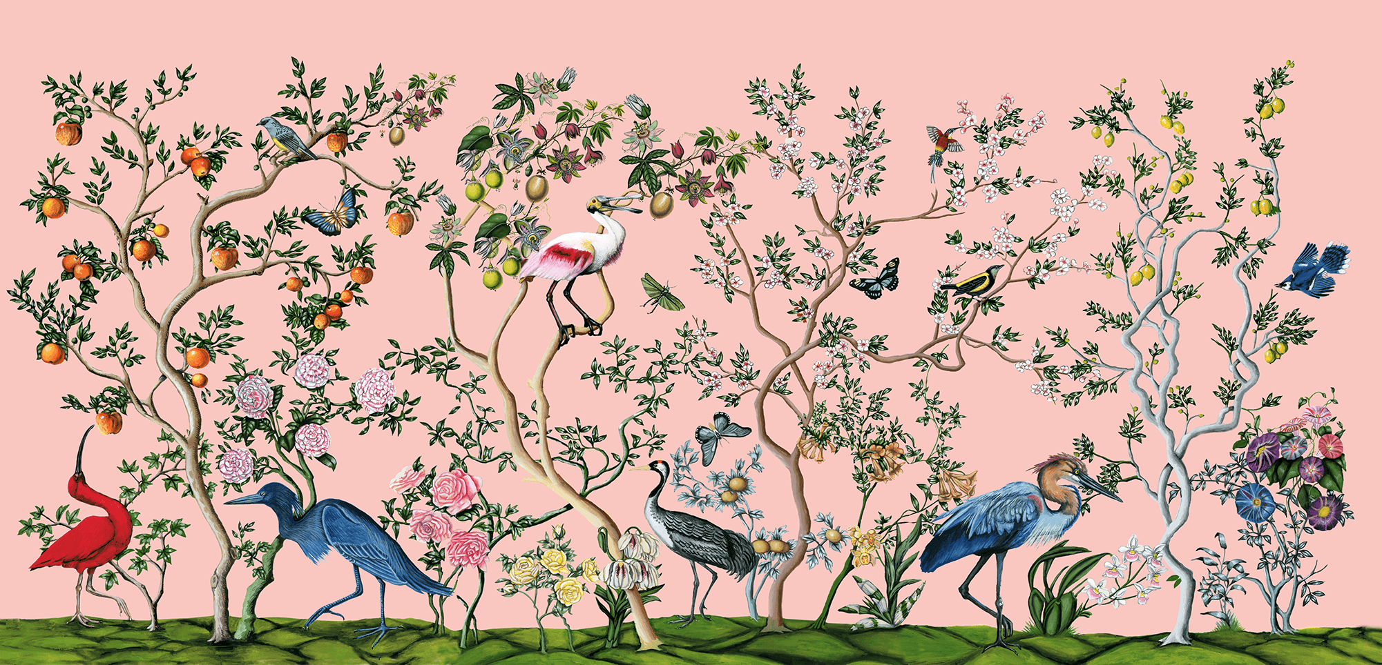 Non-woven Vintage Light Cyan Flower Trees Birds Wallpaper for