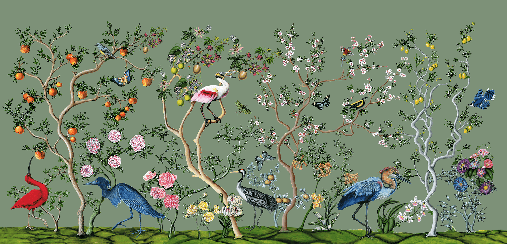 Bird and Branch Mural in Sage